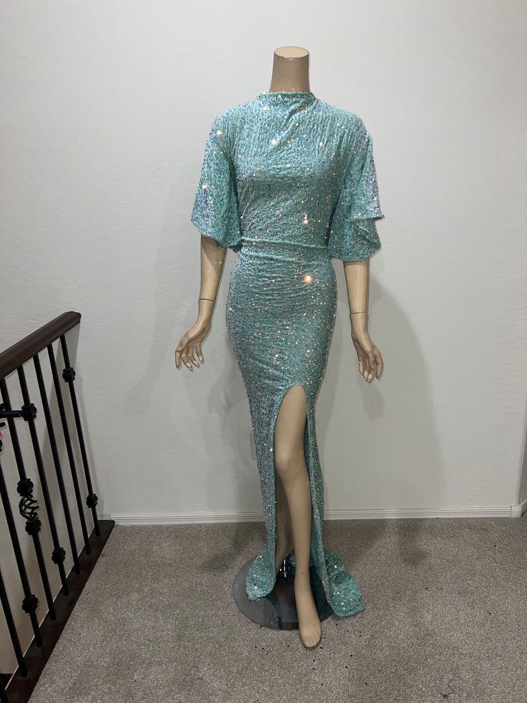 1x/2x Stretch Light Seafoam Green sequin full length dress