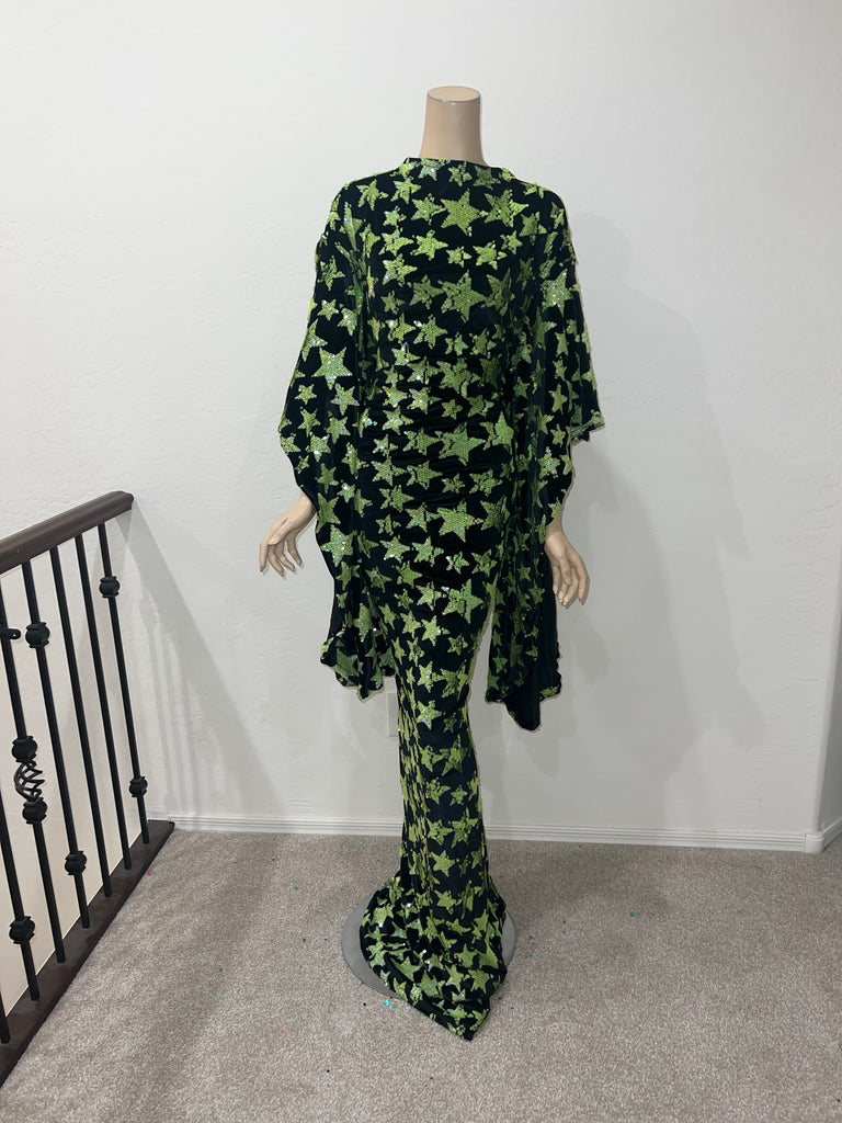 3x/4x Ready to ship Full Length Stretch Green Star sequin dress