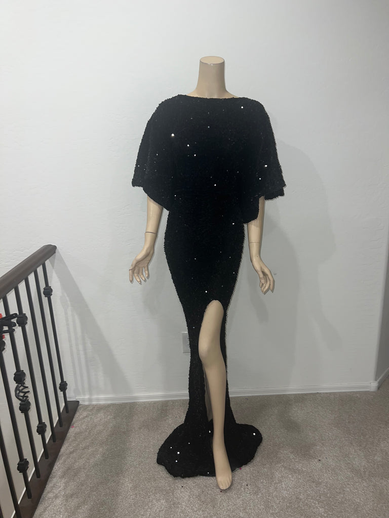 1x/2x Stretch Black sequin full length dress