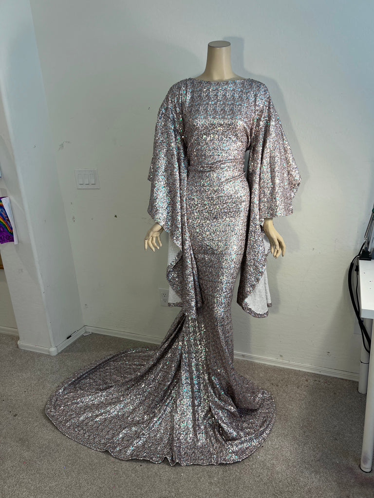 1x/2x Ready to ship Full Length Champagne Stretch sequin dress