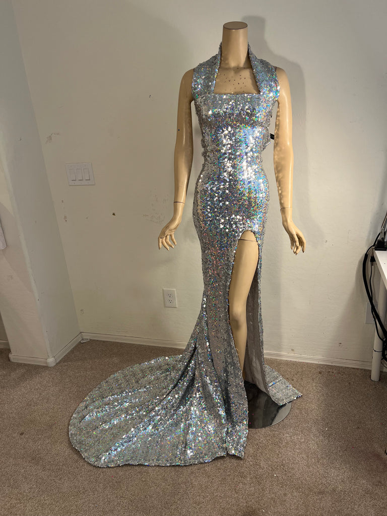 1x/2x Stretch Full length Silver Hologram Sequin Dress