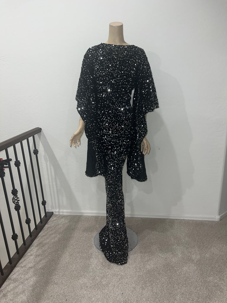 L/XL Ready to ship Stretch Black and Silver sequin Full length dress