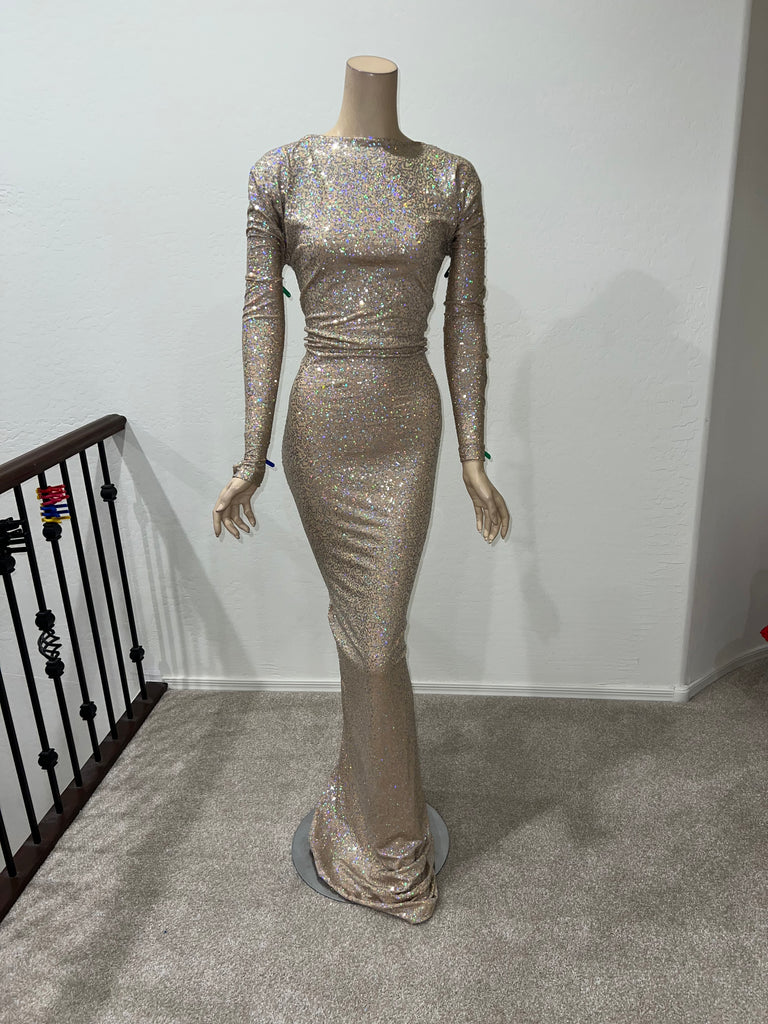 L/XL Ready to ship Hologram  Nude Stretch sequin full length dress