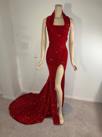 L/XL Ready to ship Full Length Stretch Red sequin gown