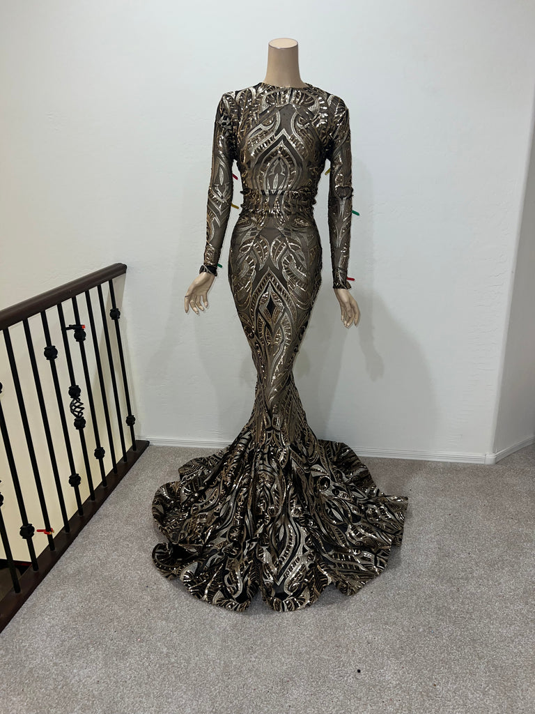 M/L Ready to ship Stretch Black and Gold Stretch sequin Full length dress