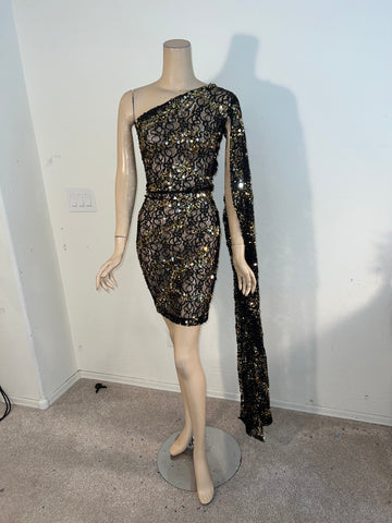 L/XL Stretch Black Gold Lace sequin cocktail Dress