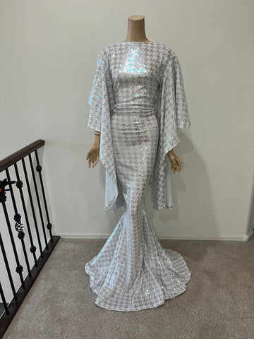 L/XL Ready to ship Stretch white Silver sequin houndstooth Full length dress