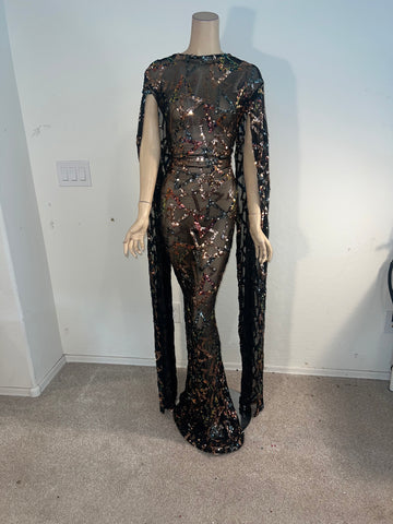 L/XL Ready to ship Full length Stretch Black Gold sequin dress