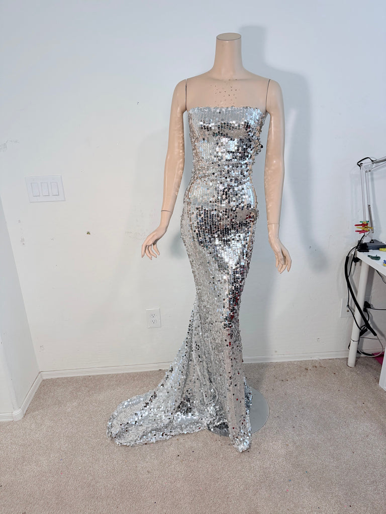 L/XL Ready to ship full length Stretch Silver Gown dress