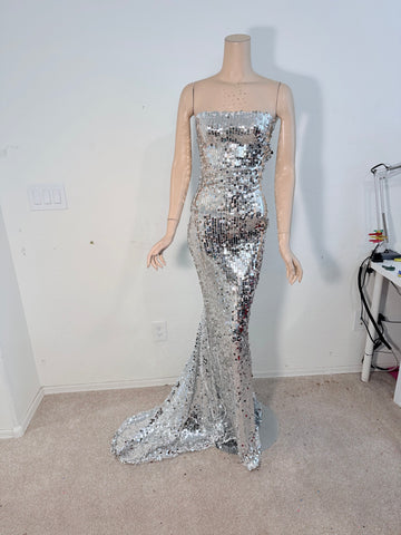 L/XL Ready to ship full length Stretch Silver Gown dress