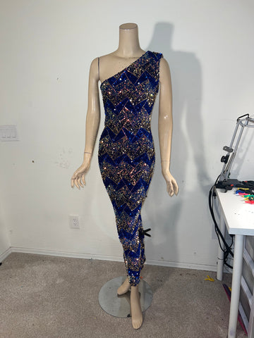 L/XL Stretch Blue Gold sequin cocktail Dress