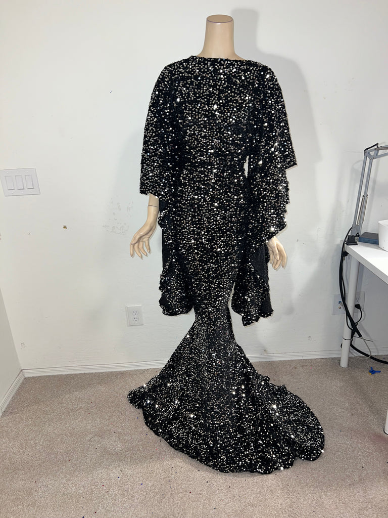 L/XL Ready to ship Stretch Black and Silver sequin Full length dress