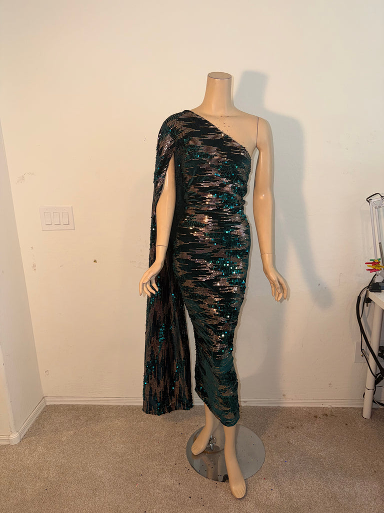 L/XL Ready to ship 1 Shoulder Stretch Green Sequin Cocktail Dress