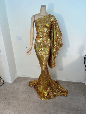 1x/2x Ready to ship Full length 1 Shoulder Stretch Hologram Gold Sequin Dress