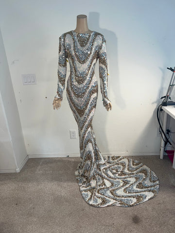 L/XL Ready to ship Full length Stretch White Gold and Silver  sequin dress