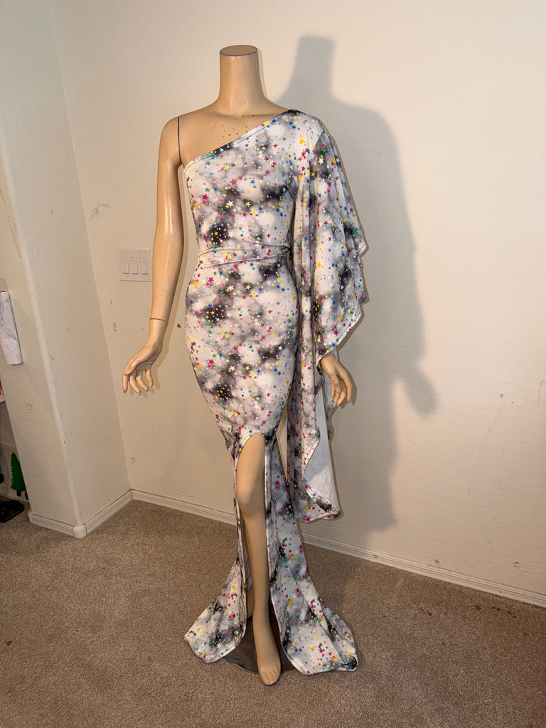 1x/2x Ready to ship Full length 1 Shoulder Stretch Print Dress