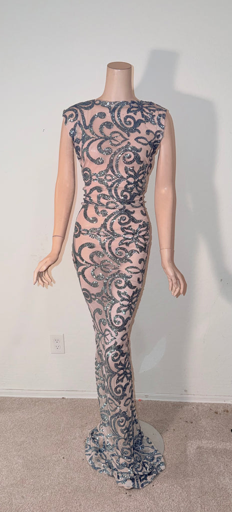 L/XL Ready to ship Nude Blue sequin Full length dress