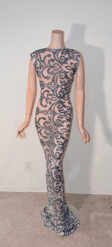 L/XL Ready to ship Nude Blue sequin Full length dress