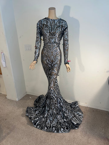 L/XL Ready to ship Stretch Black and Silver Stretch sequin Full length dress