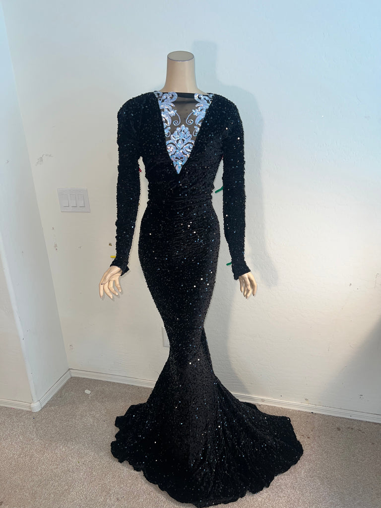 1x/2x Ready to ship Stretch Black sequin Full length dress