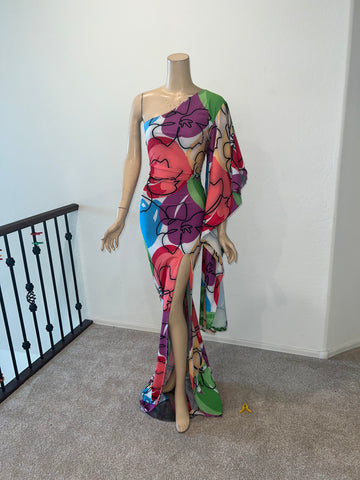1x/2x Ready to ship Full length 1 Shoulder Stretch Colorful Print Dress