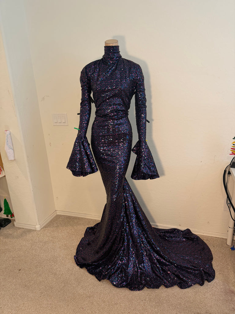 3x/4x Ready to Ship Stretch Blue and Pink sequin Full length Dress