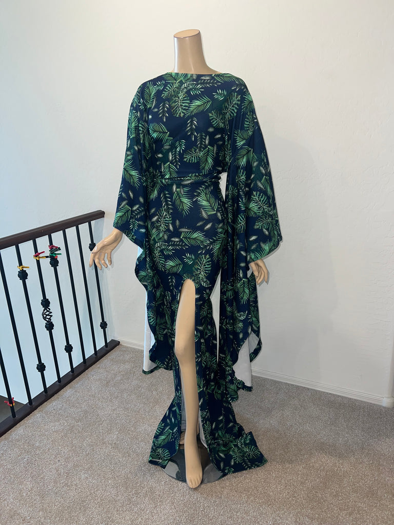 2x/3x Ready to ship Full Length Drama Sleeve Stretch Tropical Print Dress
