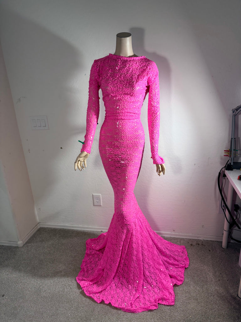 L/XL Ready to ship Full Length Stretch Pink Lace and sequin gown