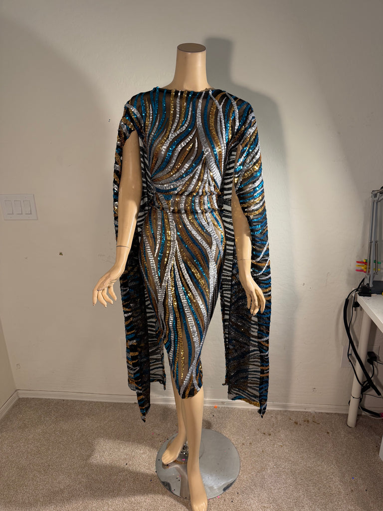 L/XL Ready to ship 1 Shoulder Stretch Black Aqua Gold Sequin Cocktail Dress