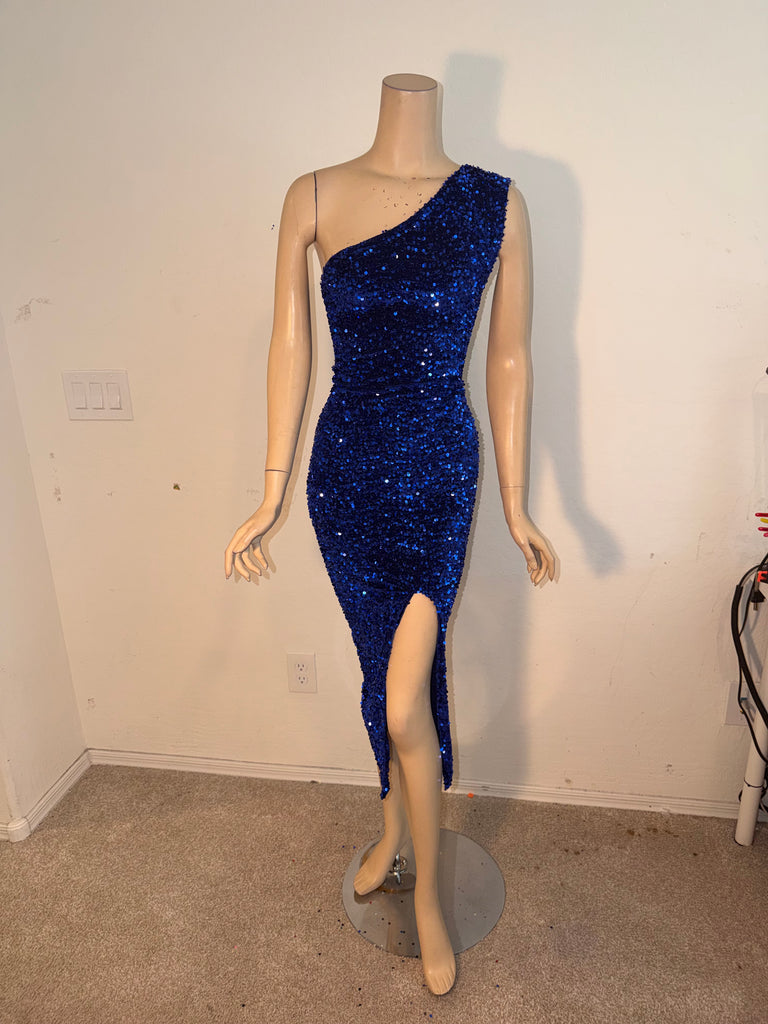 L/XL Ready to ship 1 Shoulder Stretch Blue Sequin Cocktail Dress