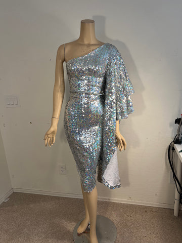 L/XL Stretch Silver Hologram sequin cocktail Dress