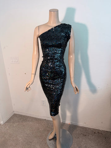 1x/2x Ready to ship 1 Shoulder Stretch Hologram Black Sequin Cocktail Dress