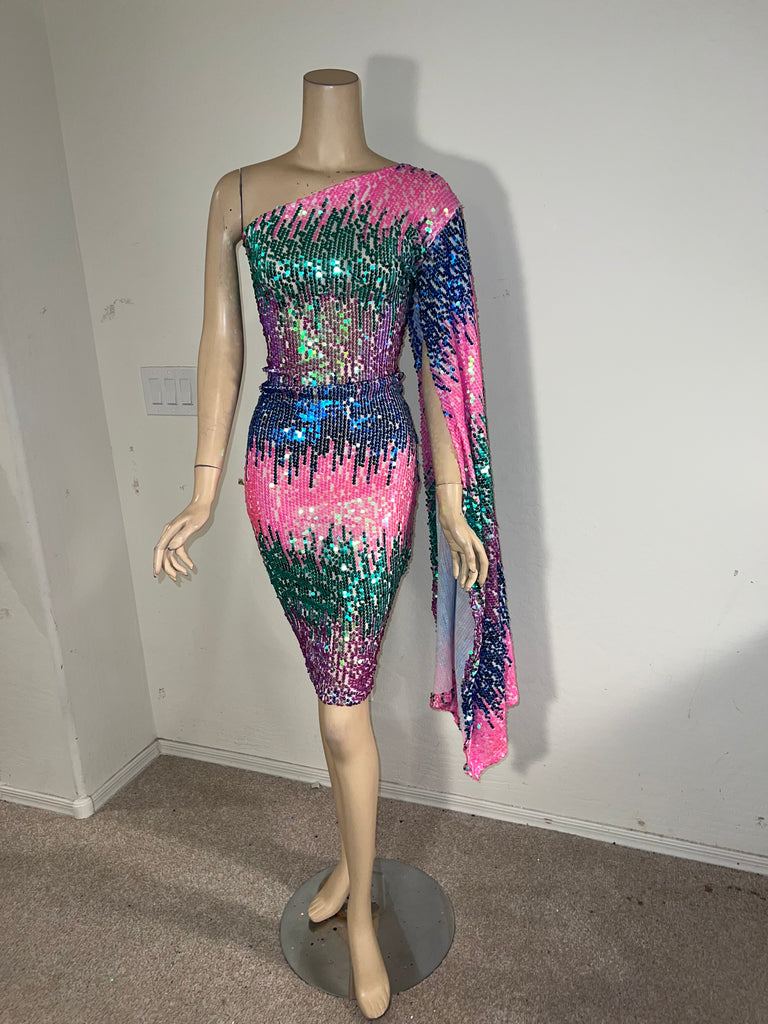 1x/2x Stretch Neon Multi Color sequin cocktail Dress