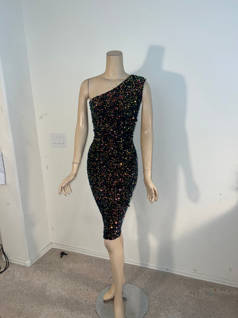 L/XL Stretch sequin Iridescent Gold cocktail Dress