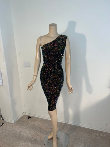 L/XL Stretch sequin Iridescent Gold cocktail Dress