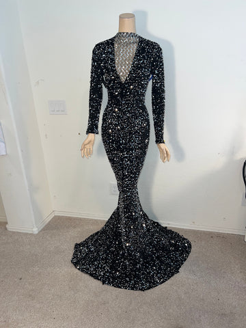 1x/2x Ready to ship Full length Stretch Black and Silver sequin dress