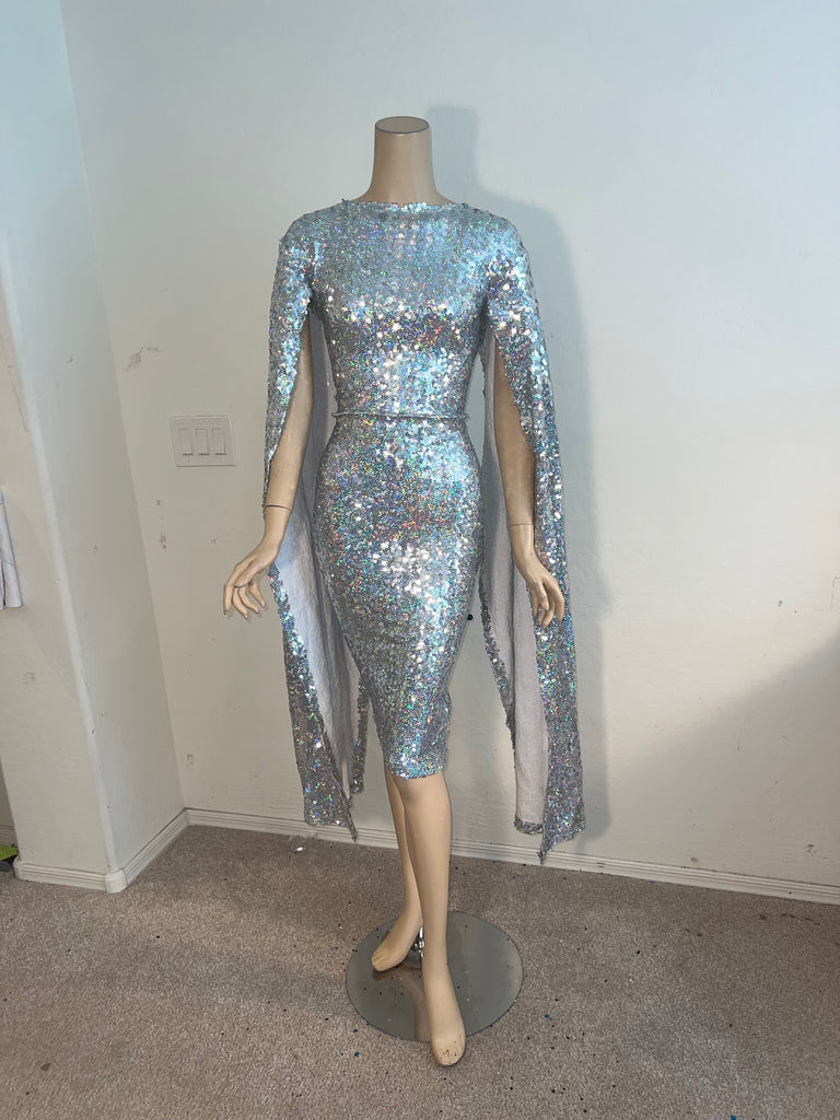 L/XL Stretch Hologram Silver sequin cocktail Dress