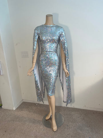 L/XL Stretch Hologram Silver sequin cocktail Dress