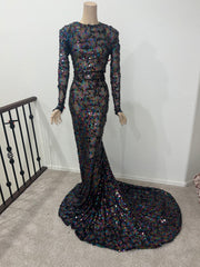 L/XL Ready to ship Full length Stretch Rainbow Black sequin dress