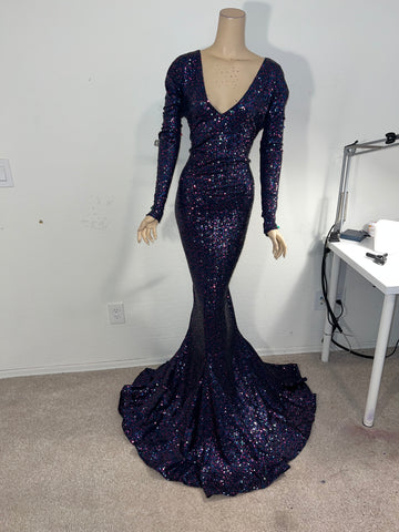 1x/2x Ready to ship Stretch Navy Blue and Pink sequin full length gown