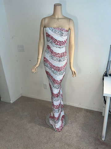 L/XL Ready to ship pink, White and Silver sequin Full length dress