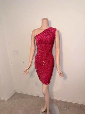 L/XL Ready to ship 1 Shoulder Stretch Pink Sequin Cocktail Dress