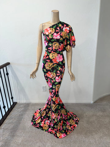 L/XL Ready to ship Full length 1 Shoulder Stretch Print dress