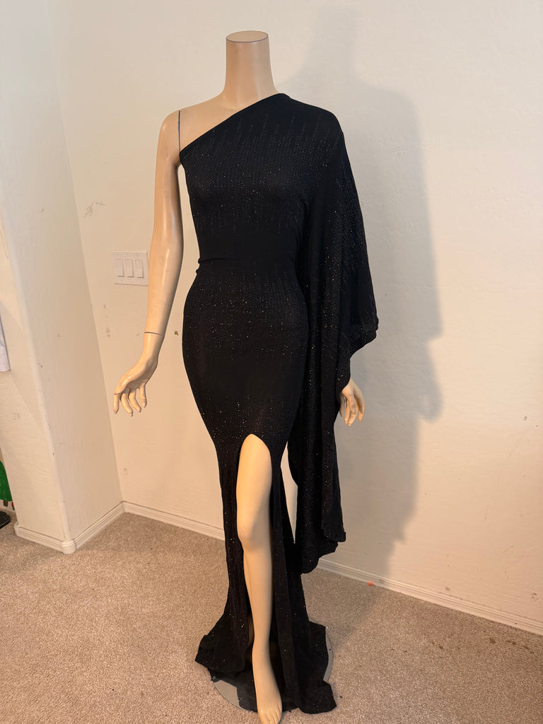 1x/2x Ready to ship Full length 1 Shoulder Stretch Black Glitter Dress