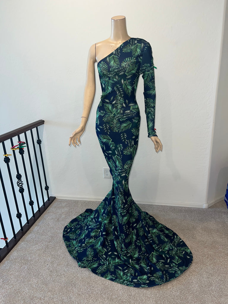 L/XL Ready to ship Full Length 1 shoulder Stretch Tropical Print Dress