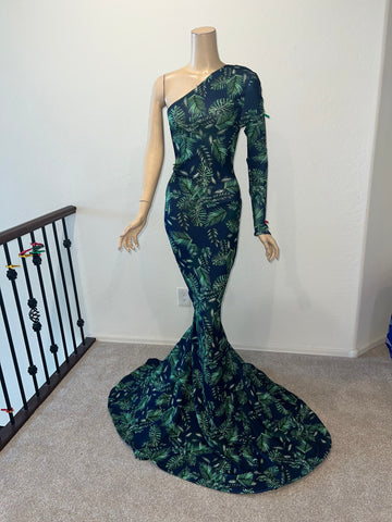 L/XL Ready to ship Full Length 1 shoulder Stretch Tropical Print Dress