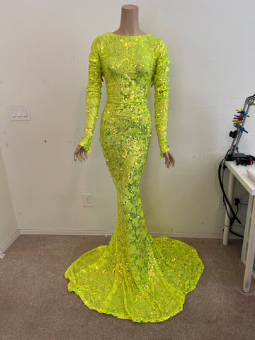 2x/3x Ready to ship Full length Stretch lime green sequin dress