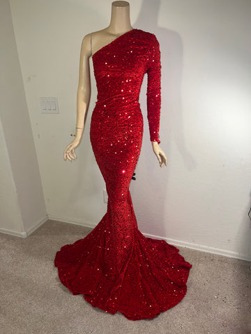 L/XL Ready to ship Full Length Stretch Red sequin 1 Shoulder gown