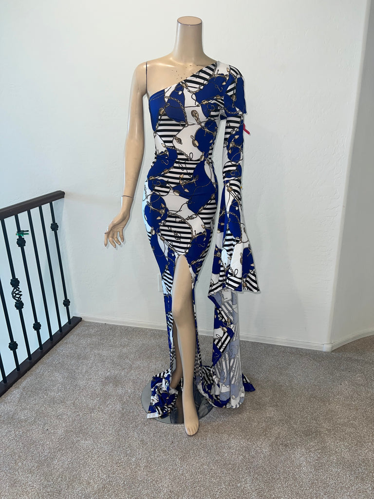 L/XL Ready to ship Full length 1 Shoulder Stretch Print dress
