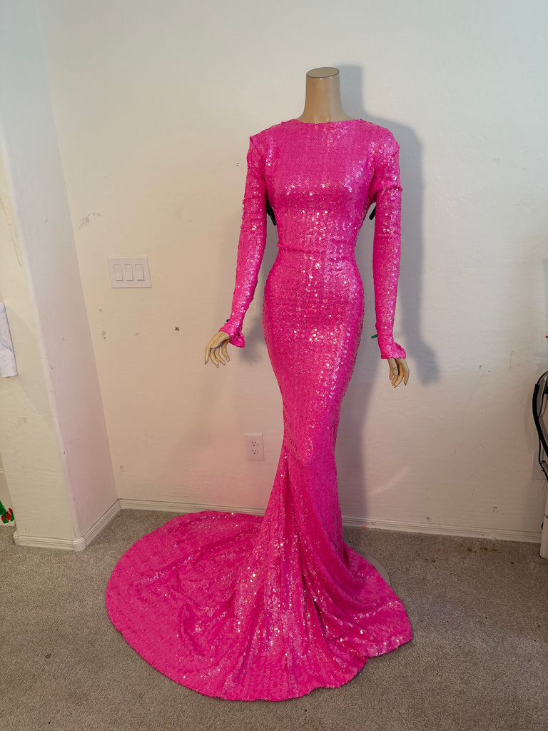 L/XL Ready to ship full length Stretch Hologram Hot Pink sequin dress